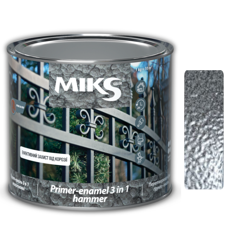 Грунт-эмаль 3 в 1 молотковая  Miks Color, серая 2кг