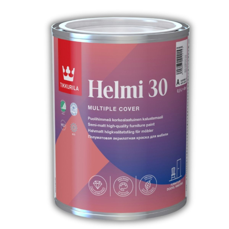 Краска акрилатная для мебели Tikkurila Helmi 30 полуматовая (база C) 0,9л