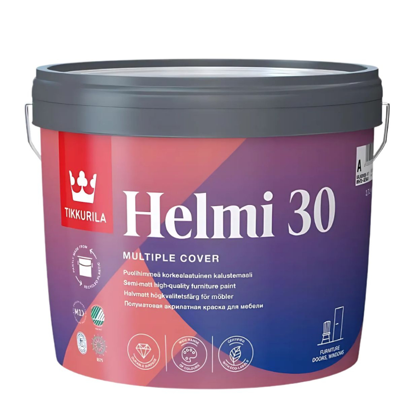 Краска акрилатная для мебели Tikkurila Helmi 30 полуматовая (база C) 2,7л