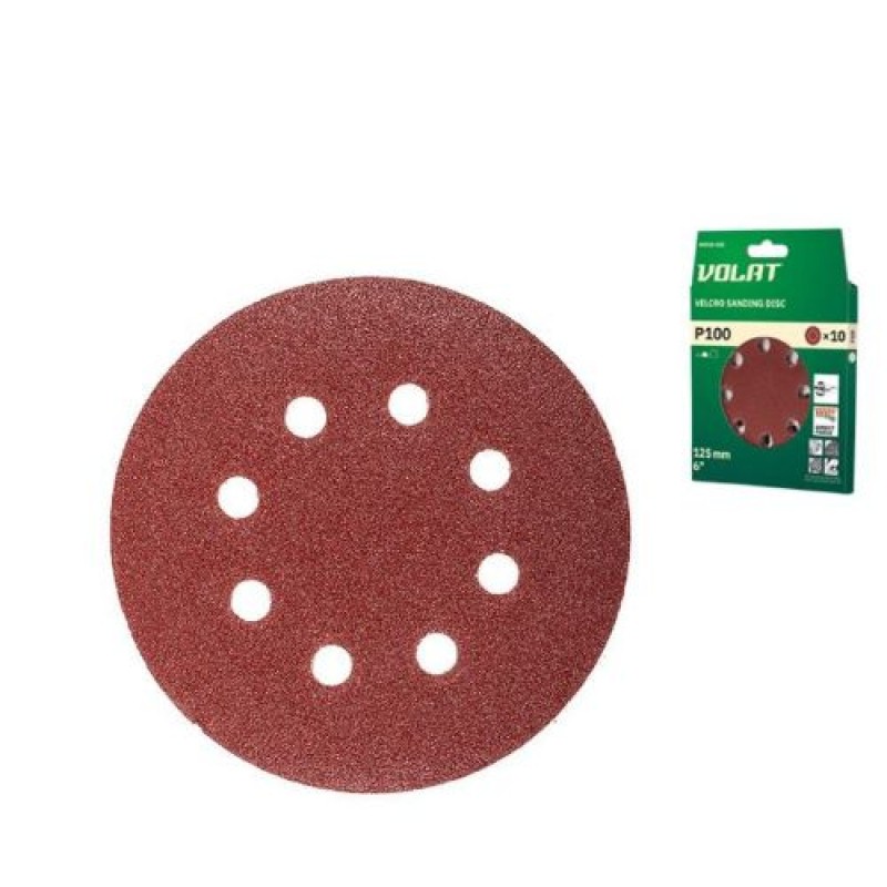 Шлифлист 125 мм круг Р100 для дерева, 8 отверстий, 10 шт., Волат (круг абразивный шлифовальный перфо