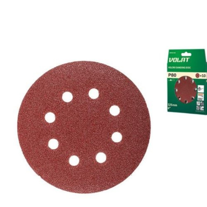 Шлифлист 125 мм круг Р 80 для дерева, 8 отверстий, 10 шт., Волат (круг абразивный шлифовальный перфо